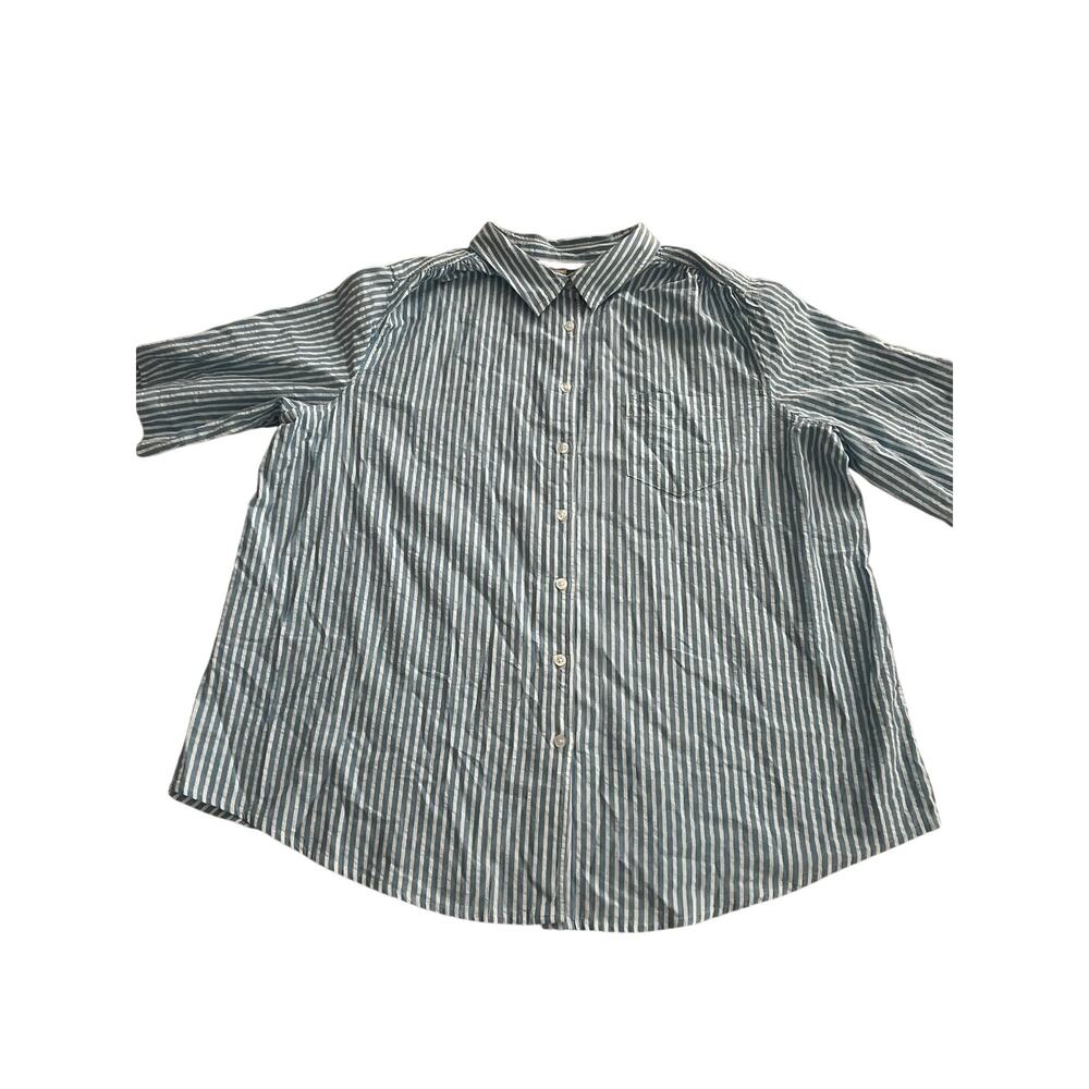 Woman within 2X blue striped top cotton button down shirt casual relaxed fit